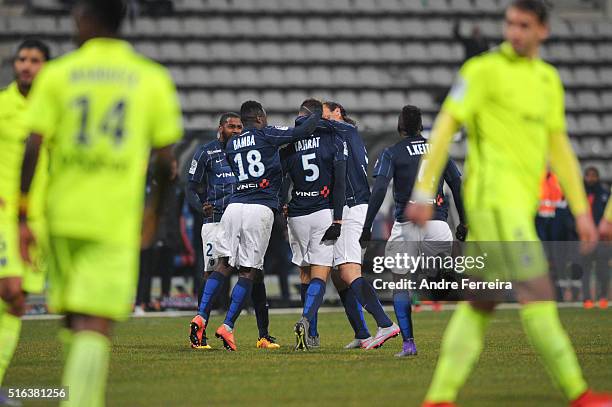 Mehdi Jean Tahrat of Paris FC celebrates with Paris FC players during the French Ligue 2 match between Paris FC v Metz at Stade Charlety on March 18,...