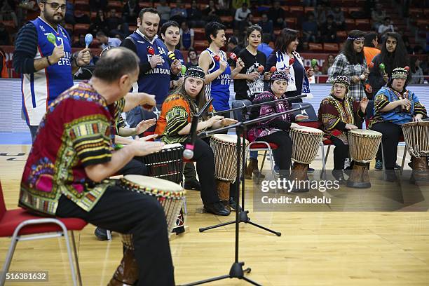 Musicians of Bremen percussion perform as part of the 21 March Down Syndrome Day at half-time during the 2015-2016 Turkish Airlines Euroleague...