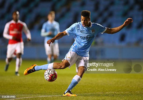 Lukas Nmecha of Manchester City during the FA Youth Cup Semi Final, First Leg match between Manchester City and Arsenal at the City Football Academy...