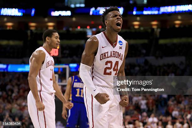 Buddy Hield of the Oklahoma Sooners reacts in the second half while taking on the Cal State Bakersfield Roadrunners in the first round of the 2016...