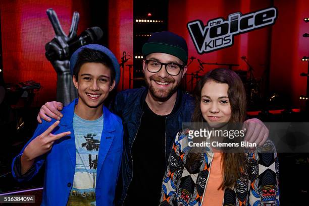 Lukas, Mark Forster and Lara attend the 'The Voice Kids' Semi Finals on March 11, 2016 in Berlin, Germany.