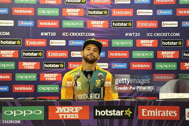 Mumbai, INDIA JP Duminy of South Africa addresses a press conference after the ICC World Twenty20 India 2016 match between South Africa and England...