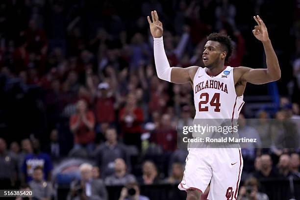 Buddy Hield of the Oklahoma Sooners reacts in the second half while taking on the Cal State Bakersfield Roadrunners in the first round of the 2016...