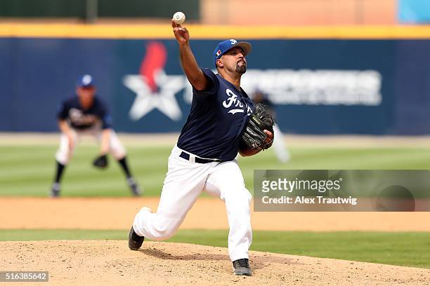 Keino Perez of Team France pitches during Game 3 of the World Baseball Classic Qualifier against Team Spain at Rod Carew Stadium on Friday, March 18,...