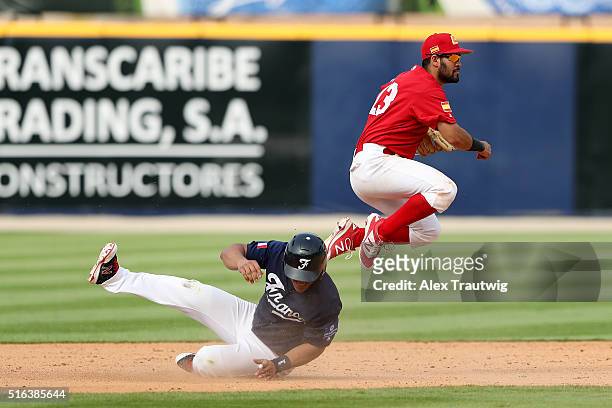 Luis Guillorme of Team Spain turns a double play during Game 3 of the World Baseball Classic Qualifier against Team France at Rod Carew Stadium on...