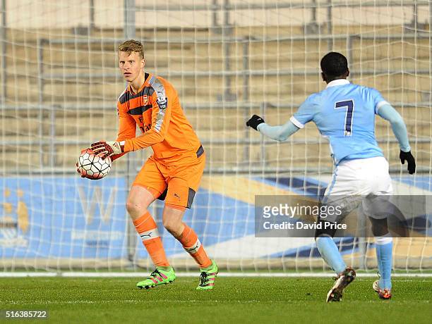 Hugo Keto of Arsenal during the match between Manchester City and Arsenal in the FA Youth Cup semi final 1st leg on March 18, 2016 in Manchester,...