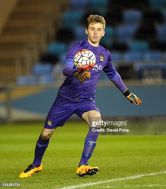 Daniel Grimshaw of Manchester City during the match between Manchester City and Arsenal in the FA Youth Cup semi final 1st leg on March 18, 2016 in...