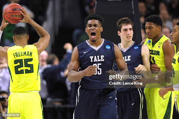 Brandon Sherrod of the Yale Bulldogs reacts following a play against the Baylor Bears during the first round of the 2016 NCAA Men's Basketball...