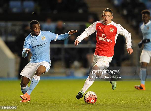 Ismael Bennacer of Arsenal takes on aaron Nemane of Man City during the match between Manchester City and Arsenal in the FA Youth Cup semi final 1st...