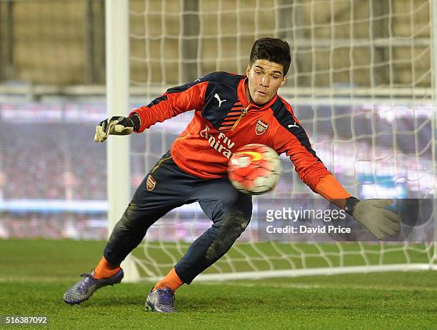 Joao Virginia of Arsenal warms up before the match between Manchester City and Arsenal in the FA Youth Cup semi final 1st leg on March 18, 2016 in...