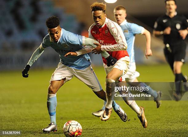 Chris Willock of Arsenal takes on Demeaco Duhaney of Man City during the match between Manchester City and Arsenal in the FA Youth Cup semi final 1st...