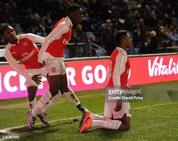 Jeff Reine-Adelaide celebrates scoring a goal for Arsenal with Kaylen Hinds and Stephy Mavididi during the match between Manchester City and Arsenal...