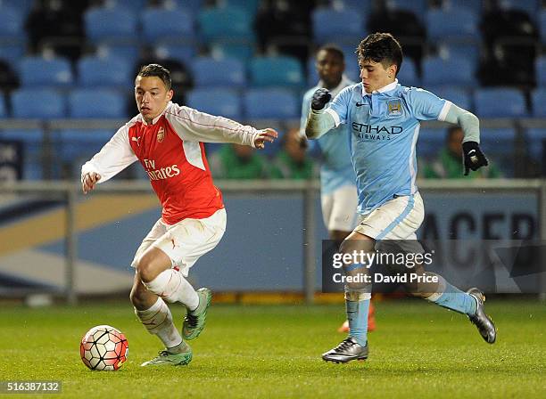 Ismael Bennacer of Arsenal takes on Brahim Diaz of Man City during the match between Manchester City and Arsenal in the FA Youth Cup semi final 1st...