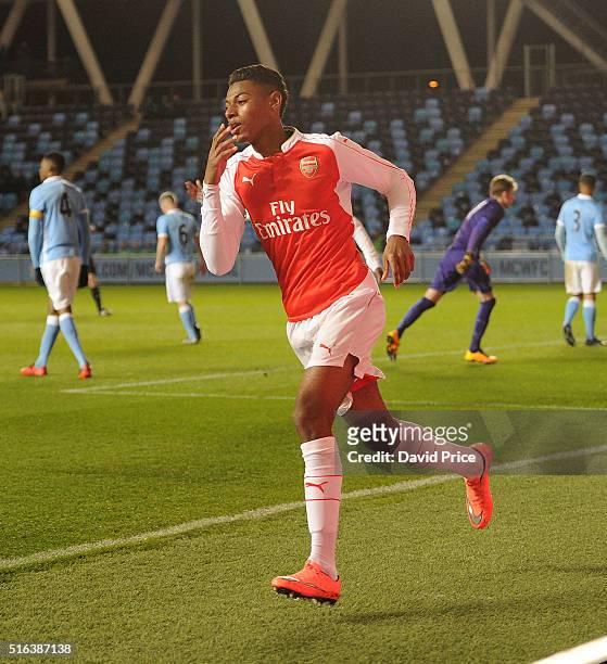 Jeff Reine-Adelaide celebrates scoring a goal for Arsenal during the match between Manchester City and Arsenal in the FA Youth Cup semi final 1st leg...