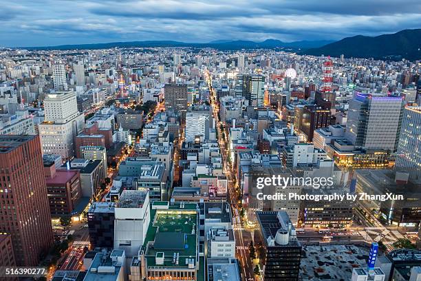 aerial shoot of sapporo hokkaido after dark - sapporo japan fotografías e imágenes de stock