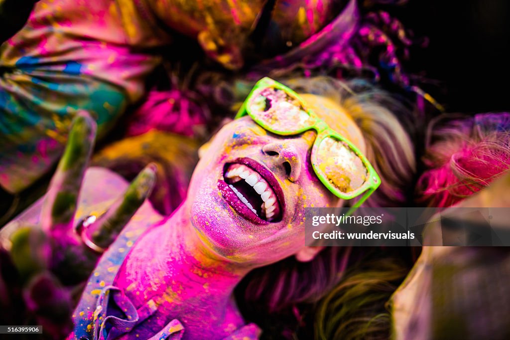 Close up Face Shot of Girl Covered in Holi Powder