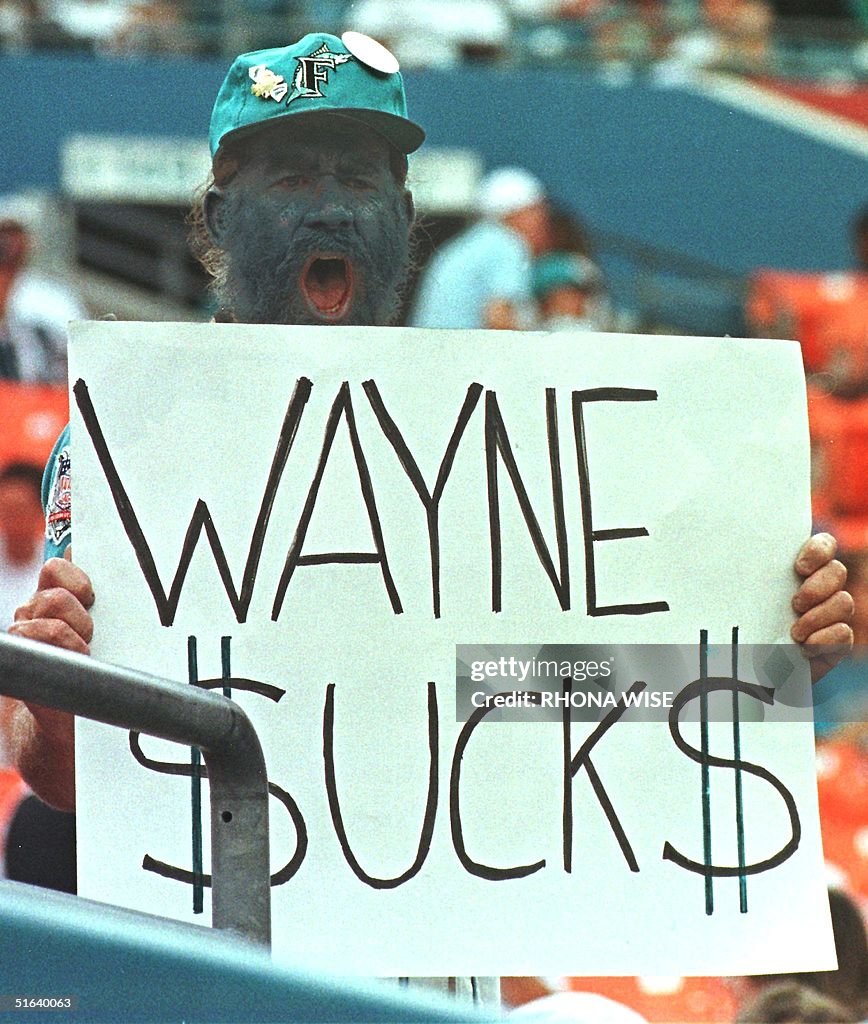 His face painted in team colors, Florida Marlins f