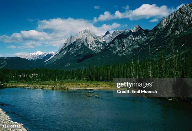 The Sawback Range of the Canadian Rockies, with the Bow River in the foreground, Banff National Park, Alberta, Canada, circa 1960.