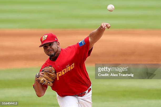 Richard Salazar of Team Spain pitches during Game 3 of the World Baseball Classic Qualifier against Team France at Rod Carew Stadium on Friday, March...