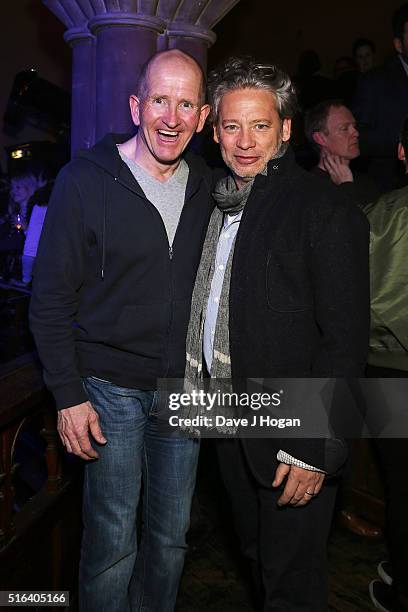 Eddie "The Eagle" Edwards and Dexter Fletcher attend Gary Barlow's live showcase of "Fly" an album of songs inspired by the new film "Eddie the...