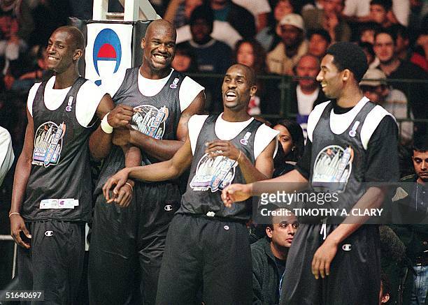Western Conference starters Kevin Garnett of the Minnesota Timberwolves, Shaquille O'Neal of the Los Angeles Lakers, Gary Payton of the Seattle...