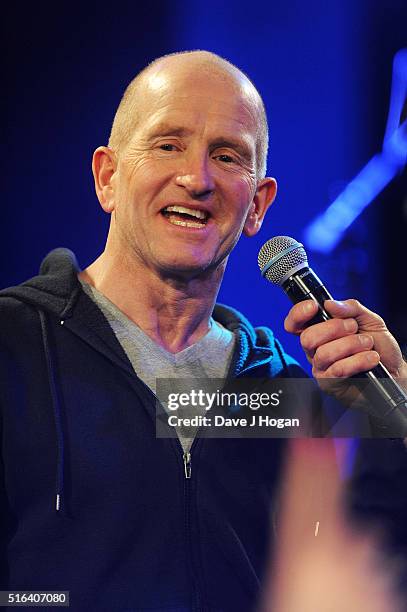 Eddie "The Eagle" Edwards attends Gary Barlow's live showcase of "Fly" an album of songs inspired by the new film "Eddie the Eagle" at One Mayfair on...