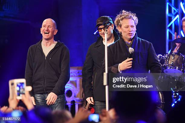 Eddie "The Eagle" Edwards, Matthew Vaughn and Dexter Fletcher on stage during Gary Barlow's live showcase of "Fly" an album of songs inspired by the...