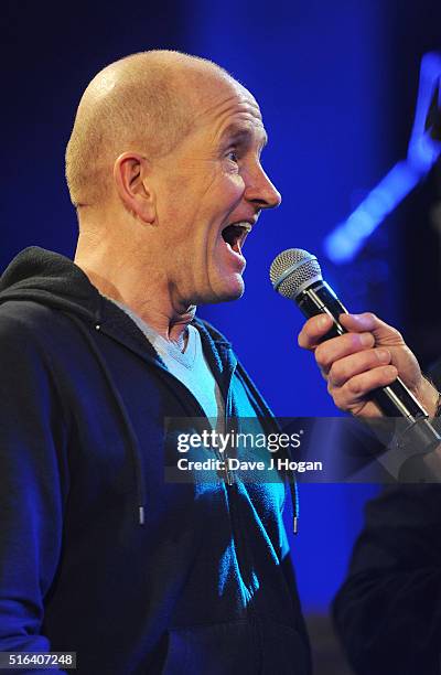 Eddie "The Eagle" Edwards attends Gary Barlow's live showcase of "Fly" an album of songs inspired by the new film "Eddie the Eagle" at One Mayfair on...