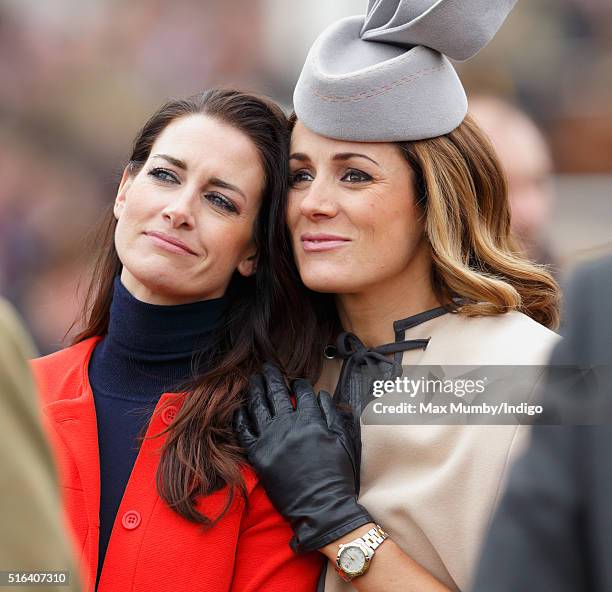 Kirsty Gallacher and Natalie Pinkham watch the racing as they attend day 4, Gold Cup Day, of the Cheltenham Festival on March 18, 2016 in Cheltenham,...