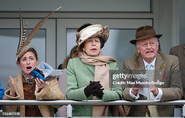 Dolly Maude, Princess Anne, The Princess Royal and Andrew Parker Bowles watch the racing as they attend day 4, Gold Cup Day, of the Cheltenham...