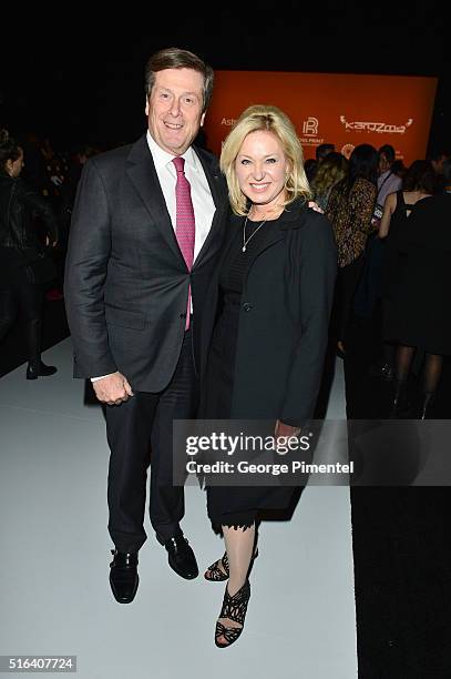 Toronto Mayor John Tory and Barbara Hackett attend Day 3 of Toronto Fashion Week Fall 2016 at David Pecaut Square on March 16, 2016 in Toronto,...