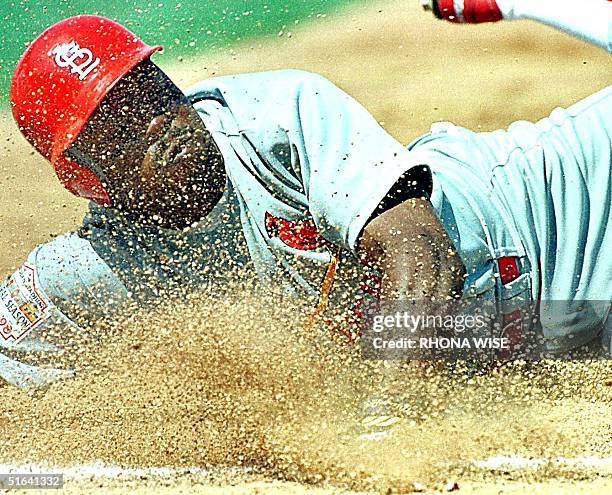 St Louis Cardinal left-fielder Vince Coleman dives back to first base gets only to be picked off by Baltimore Oriole pitcher Mike Mussina in second...