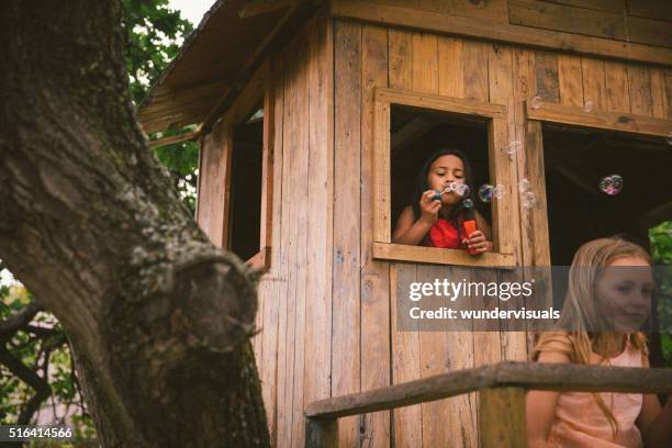 little girls playing in a treehouse and blowing bubbles - tree house stock pictures, royalty-free photos & images