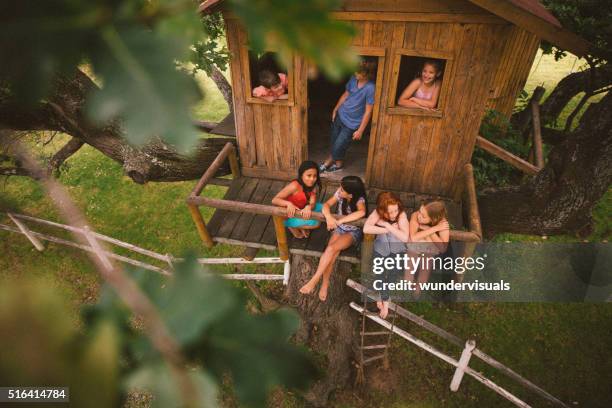 girls and boys talking and playing in a wooden treehouse - tree house stock pictures, royalty-free photos & images