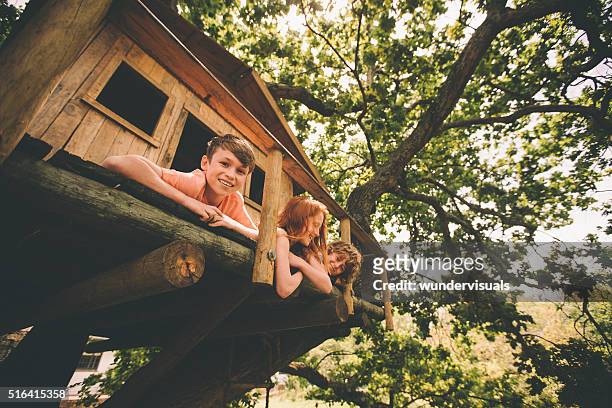 boy smiling while playing with friends in a wooden treehouse - tree house bildbanksfoton och bilder