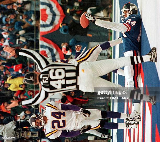 The official signals a touchdown as New York Giants player Aaron Pierce holds the ball up and Minnesota Vikings defender Robert Griffith looks away...