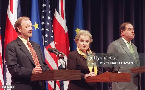 British Foreign Minister and European Commission President Robin Cook answers questions as US Secretary of State Madeleine Albright and EU Vice...