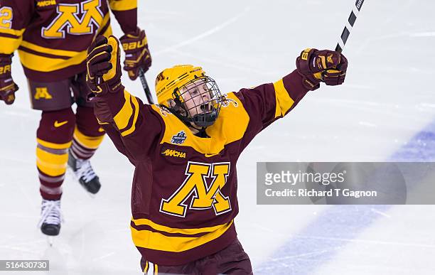 Amanda Kessel of the Minnesota Golden Gophers celebrates her goal against of the Wisconsin Badgers during game two of the 2016 NCAA Division I...
