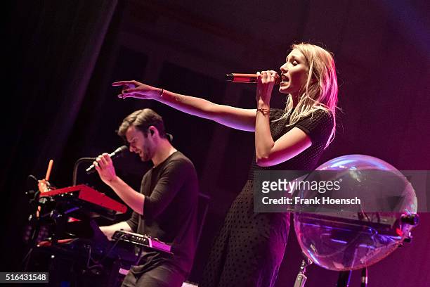 Singer Daniel Grunenberg and Carolin Niemczyk of the German band Glasperlenspiel perform live during a concert at the Huxleys on March 18, 2016 in...