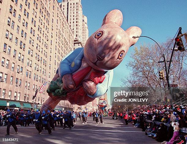 Giant Peter Rabbit balloon leans dangerously close to a light pole as volunteers strain against the ropes holding it down in the 71st annual Macy's...