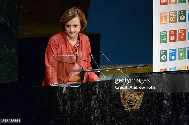 Under-Secretary/General for for Communications/Outreach Cristina Gallach speaks on stage at THE ANGRY BIRDS MOVIE UN Honorary Ambassador Ceremony and...