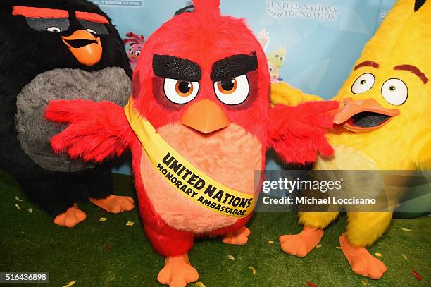 Angry Birds' attend THE ANGRY BIRDS MOVIE UN Honorary Ambassador Ceremony and Photo Call at United Nations on March 18, 2016 in New York City.