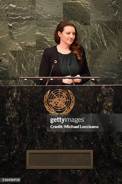 Climate Change Advisor Cassie Flynn speaks on stage during THE ANGRY BIRDS MOVIE UN Honorary Ambassador Ceremony and Photo Call at United Nations on...