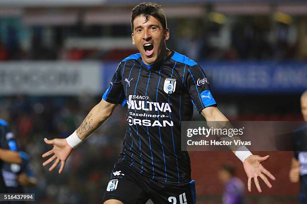 Edgar Benitez of Queretaro celebrates after scoring the first goal of his team during the 11th round match between Queretaro and Chiapas as part of...