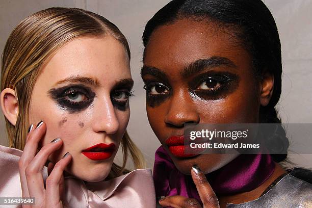 Model poses backstage during the Greta Constantine fashion show at David Pecaut Square on March 18, 2016 in Toronto, Canada.