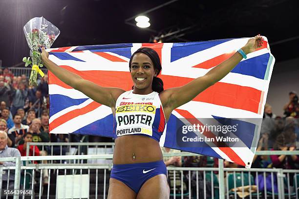 Bronze medallist Tiffany Porter of Great Britain celebrates after the Women's 60 Metres Hurdles Final during day two of the IAAF World Indoor...