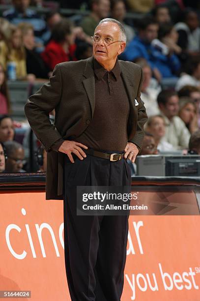 Head coach Larry brown of the Detroit Pistons stands on the court during the preseason game with the Utah Jazz at The Palace of Auburn Hills on...