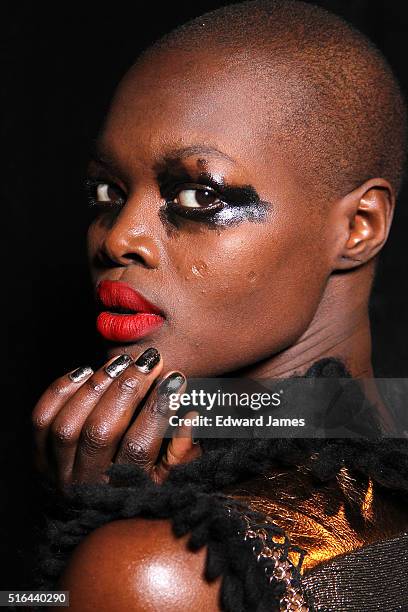 Model poses backstage during the Greta Constantine fashion show at David Pecaut Square on March 18, 2016 in Toronto, Canada.