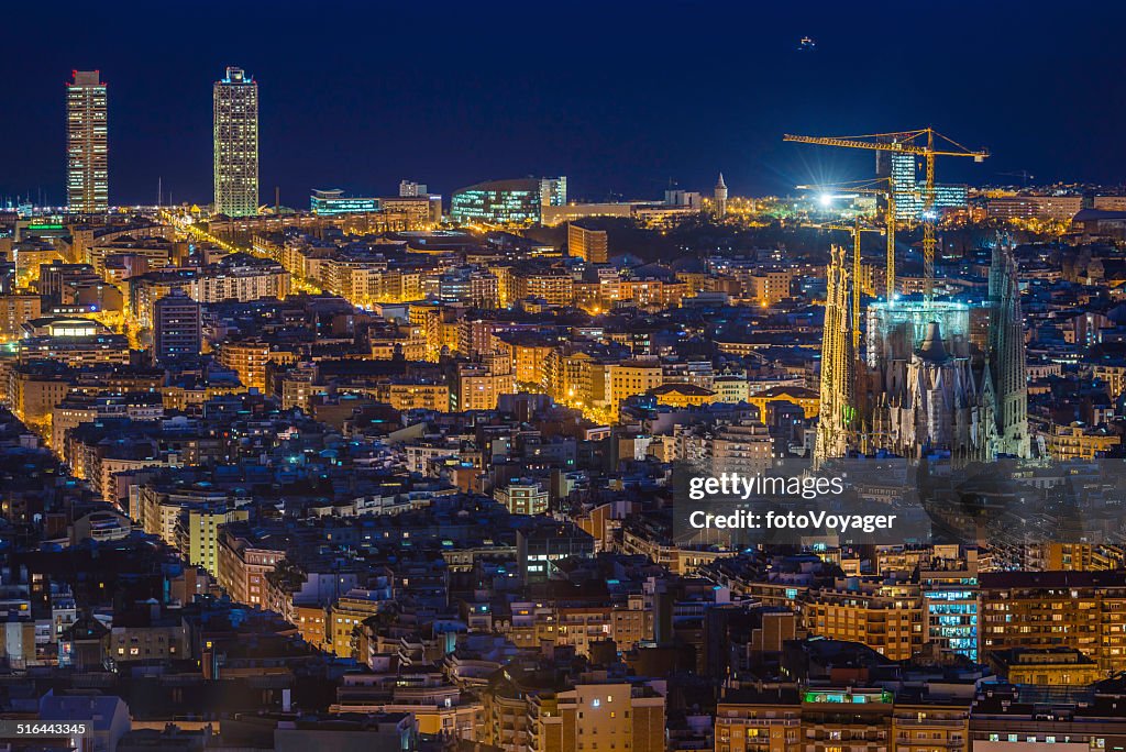 Barcelona Sagrada Familia iconic Gaudi cathedral illuminated at night Spain