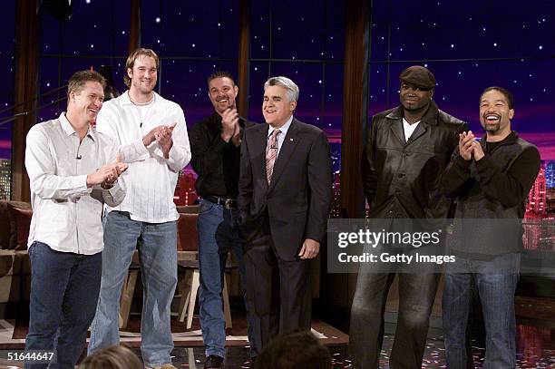 Boston Red Sox players Mike Timlin, Derek Lowe, Alan Embree, David Ortiz and Dave Roberts stopped by "The Tonight Show with Jay Leno" to celebrate...